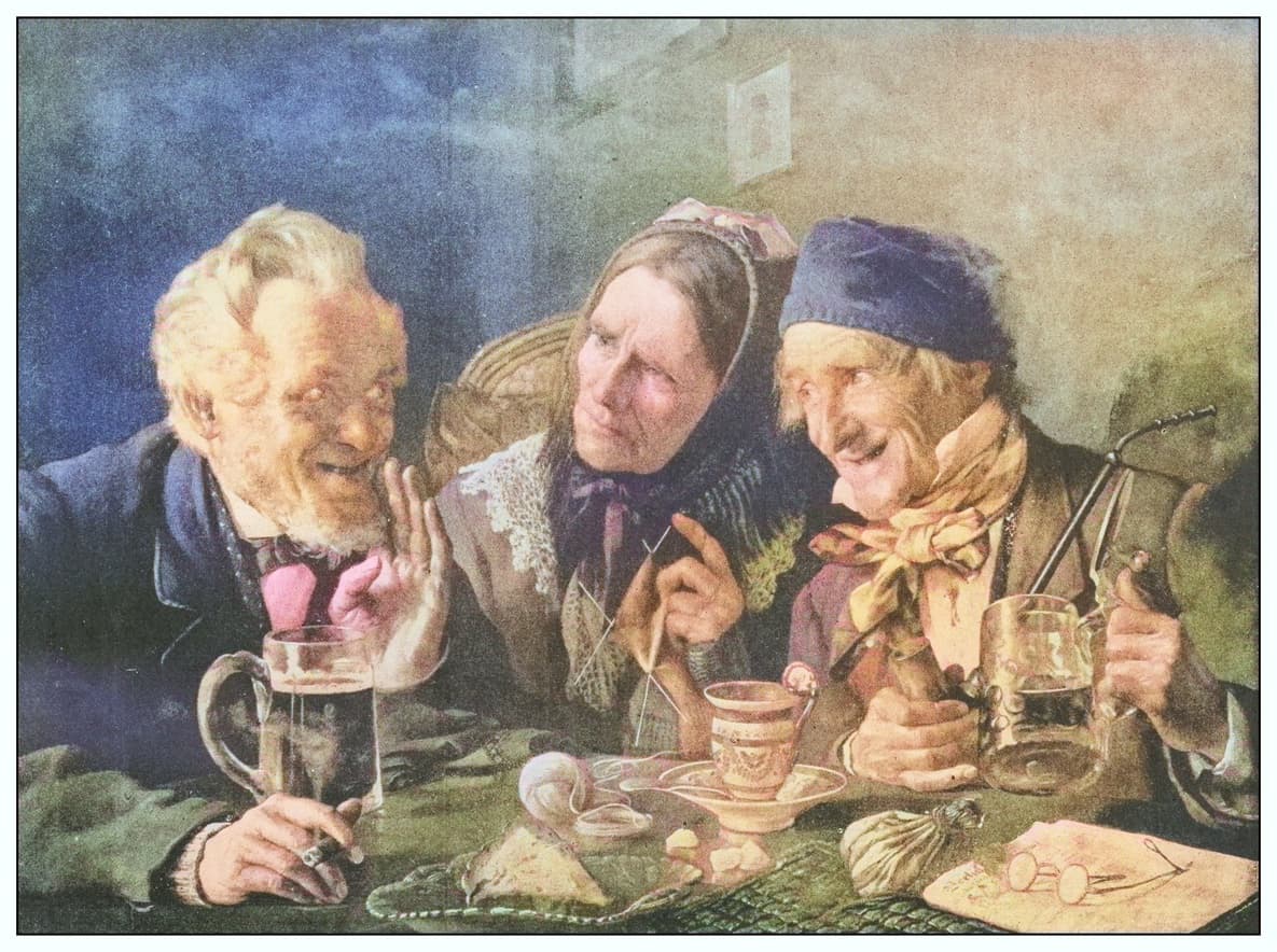 Cuadro del siglo XIX de Abraham Lincoln bebiendo cerveza en una taberna acompañado por dos amigos.